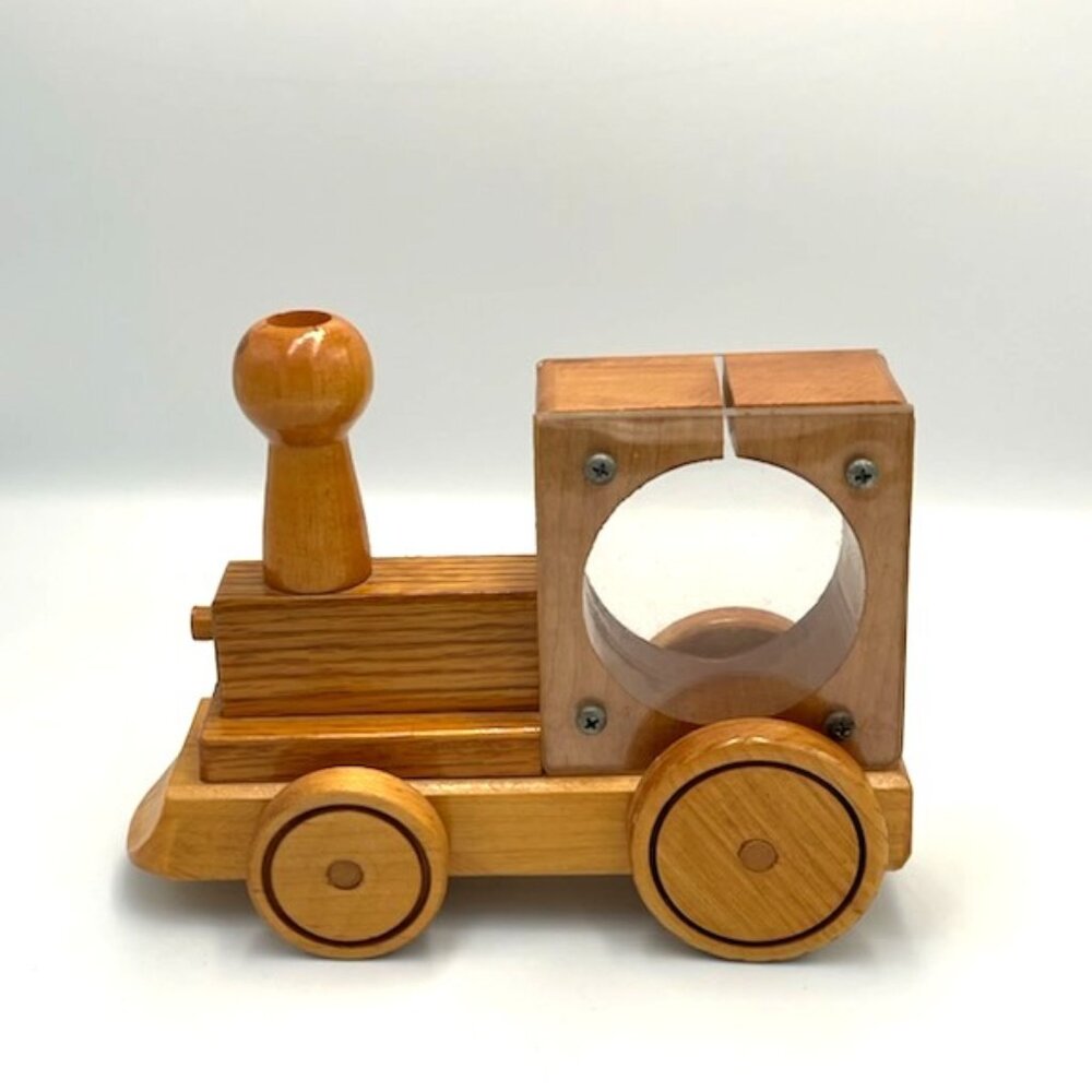 Vintage Hand-Crafted Wood Rolling Train Bank Locomotive‎ Marked R. W. Michael